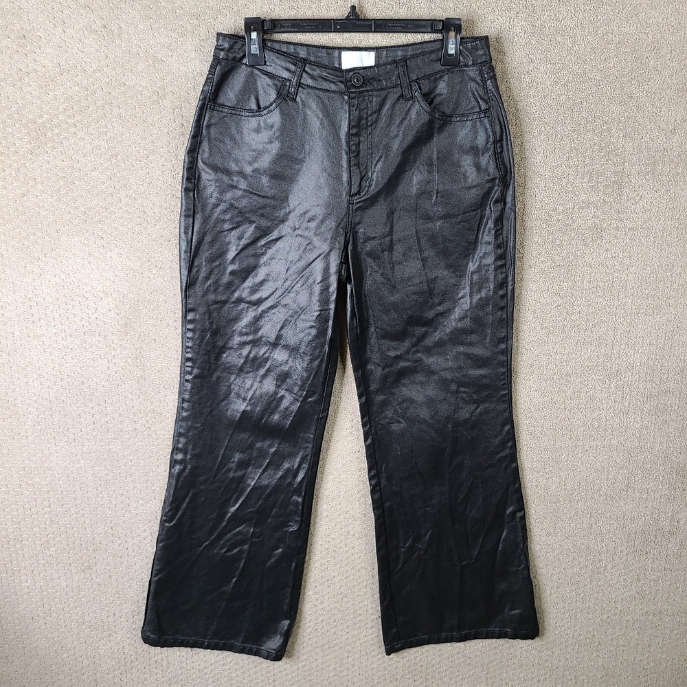Every Jeans Womens‎ 10 Black Coated Wide Leg High Rise Metallic Denim Cotton